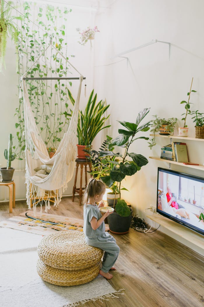 A child in pajamas enjoying leisure time in a lush plant-filled living room.